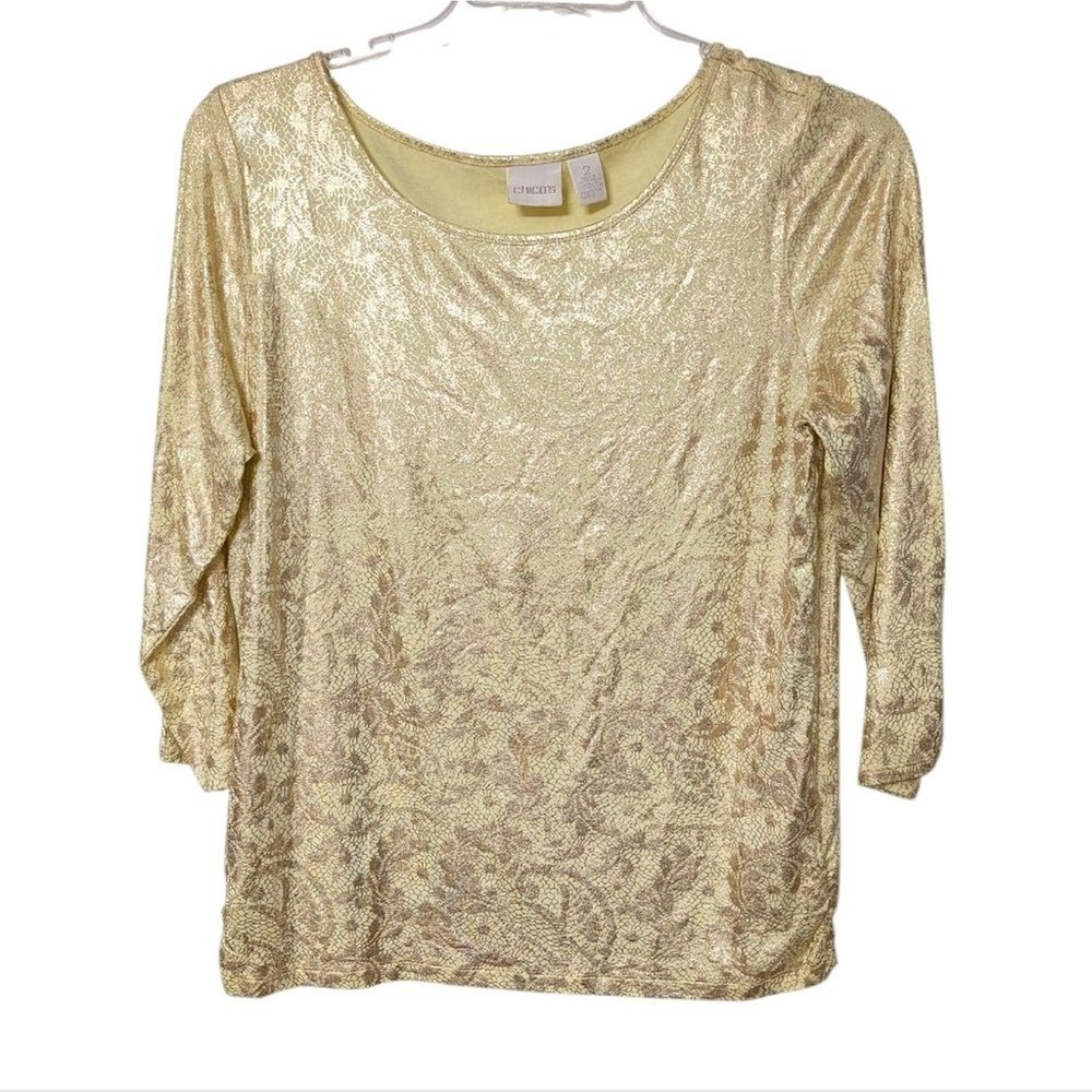 Chicos Maggie Yellow With Metallic Gold Paisley Floral 3/4 Sleeve Blouse Top‎ L
